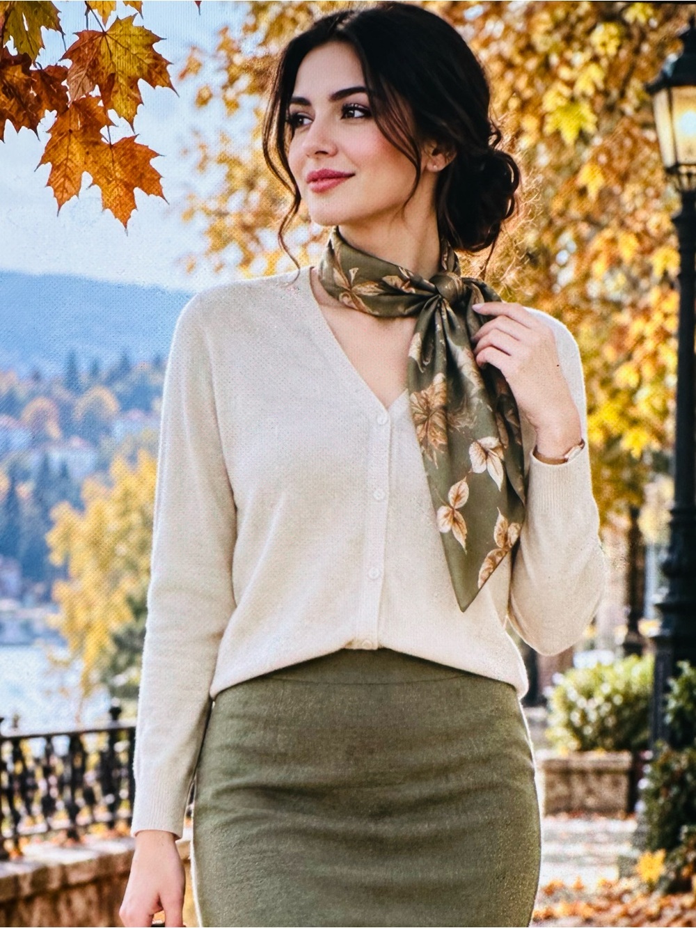 Jaclyn Smith Olive Green Floral Silk Scarf